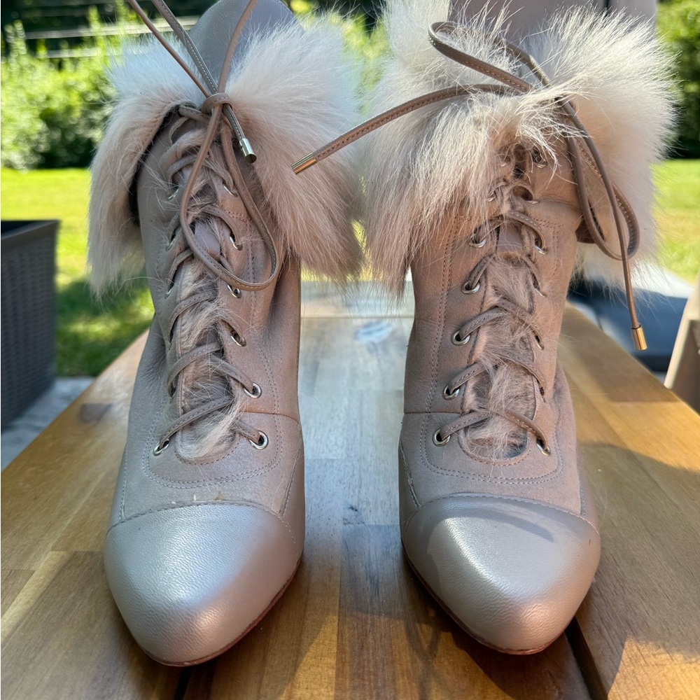 Ann Taylor Beige Fur Lace-Up Boots